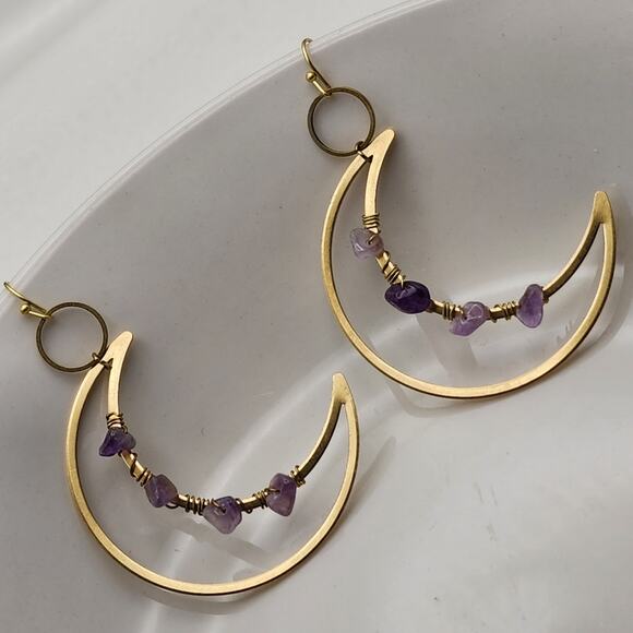 Genuine Amethyst Crescent Moon Earrings - Picture 8 of 8